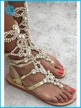 Rhinestone Gladiator Sandals Elegant Flats Summer Wedding Beach Stylish